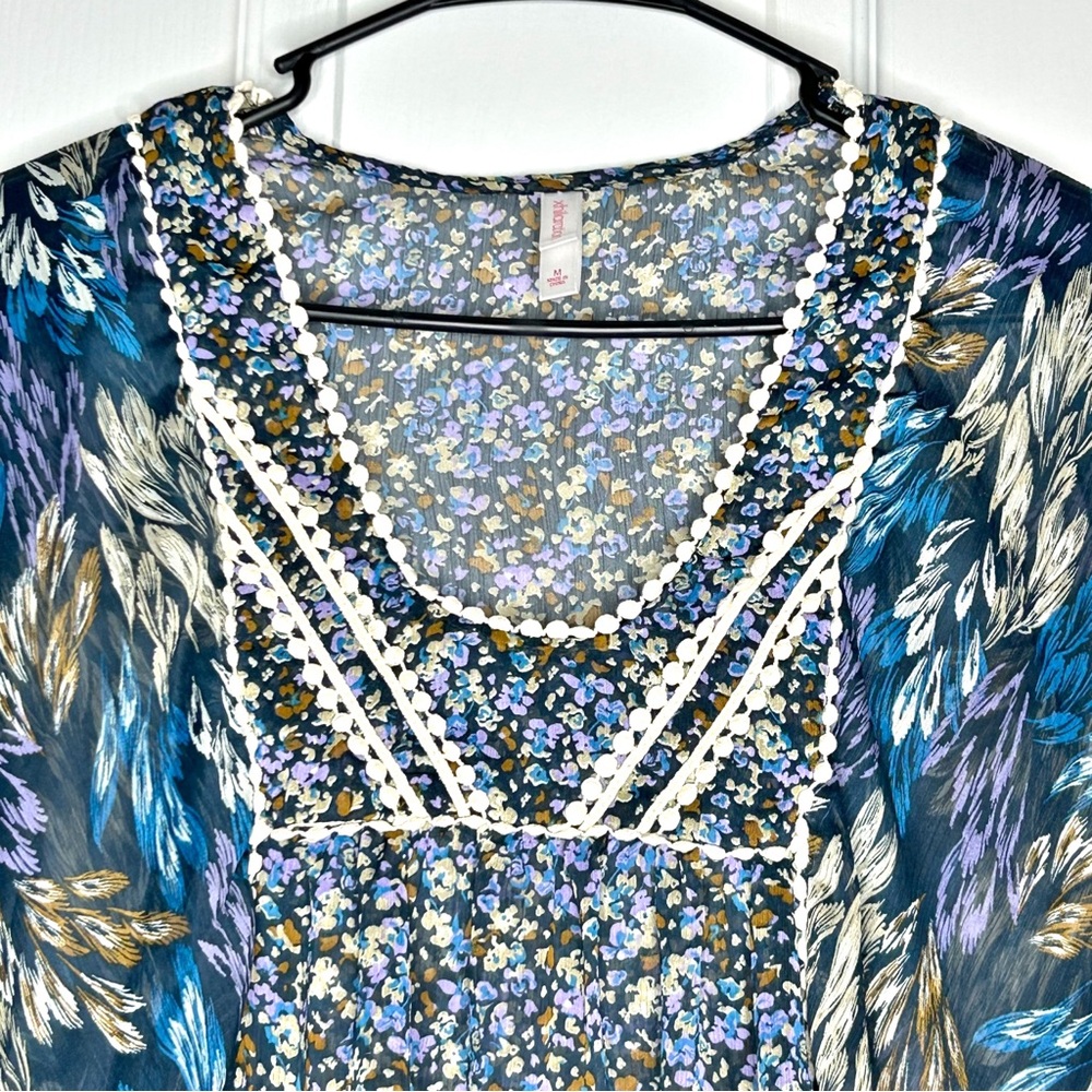 Xhilaration Sheer Blue Floral Boho Peasant Blouse Top Mini Pom Pom Trim Medium - Picture 2 of 9